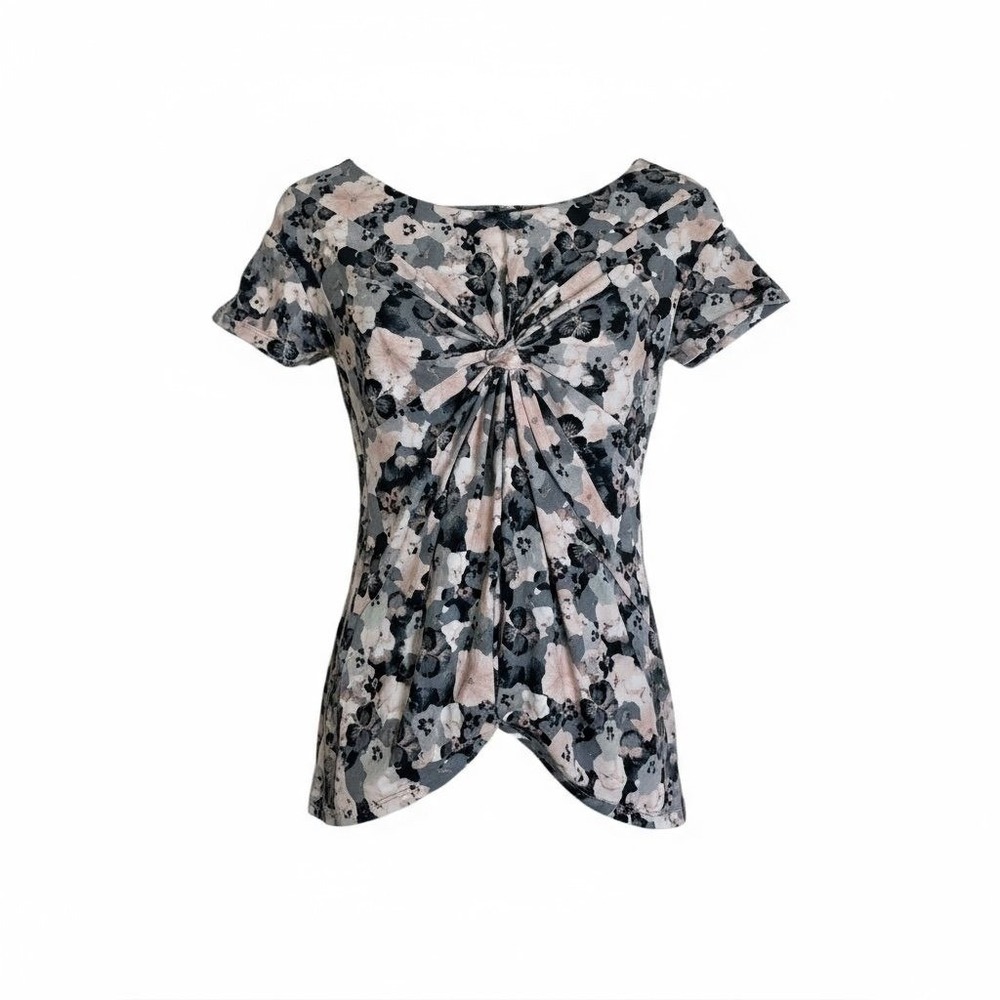 Floral Twist Front Top Short Sleeve Gray Pink Casual Blouse Extra Small